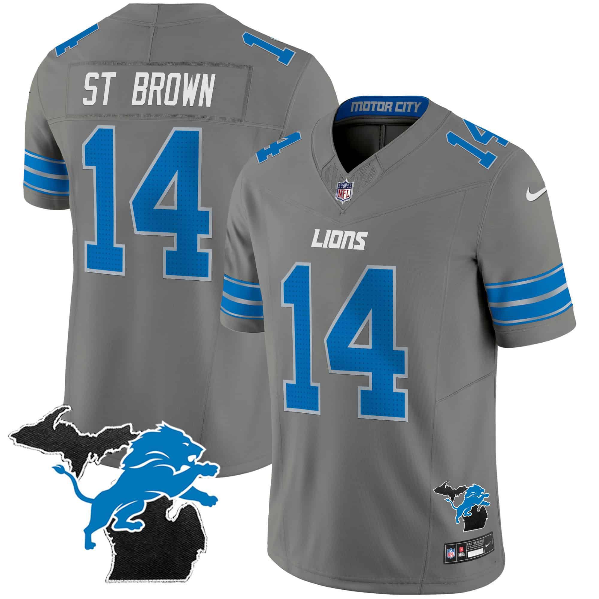 Men Detroit Lions 14 ST Brown Grey 2024 Nike Michigan Patch Vapor Limited NFL Jersey